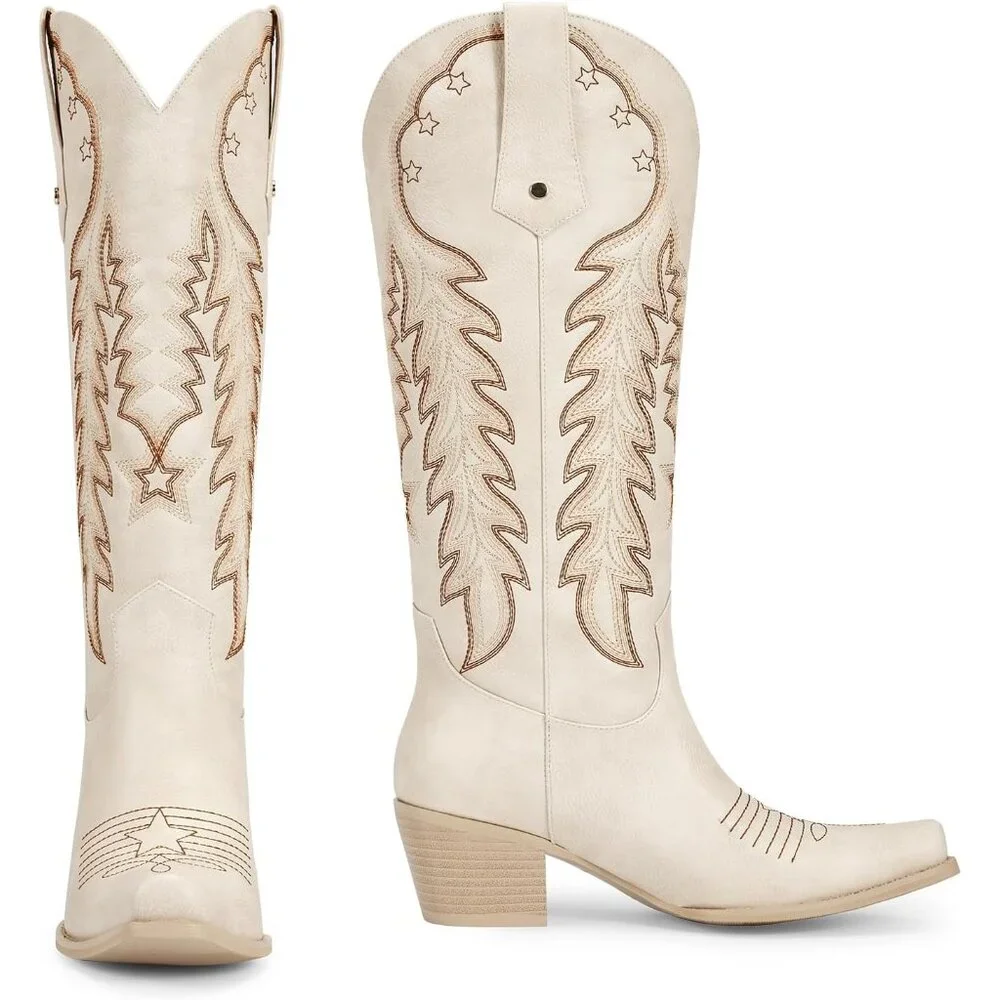 Women Beige Knee High Cowgirl Boots Retro Embroidered Chunky Heels Pointed - Picture 4 of 6